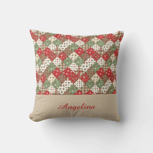  Christmas patchwork name Green Red beige クッション (正面)