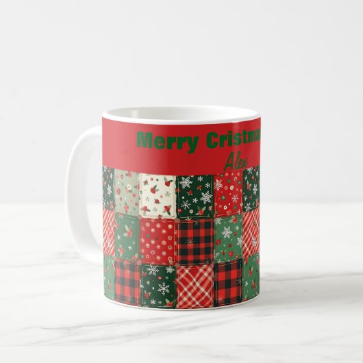 Christmas patchwork pattern green red コーヒーマグカップ (正面左)