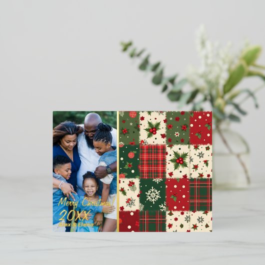 Christmas patchwork pattern photo 箔シーズンポストカード (立ち正面)
