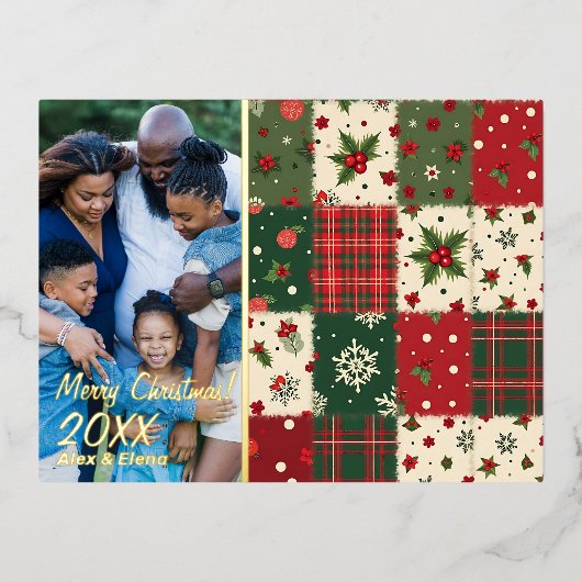 Christmas patchwork pattern photo 箔シーズンポストカード (正面)