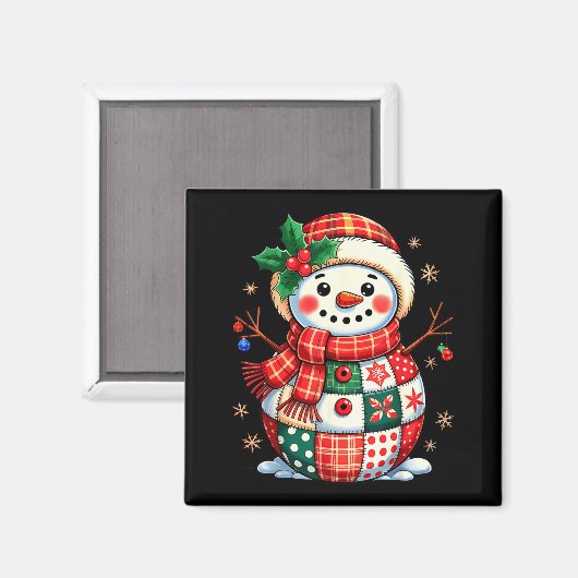 Christmas Patchwork Snowman - Quilted Holiday Aest マグネット (正面/裏面)