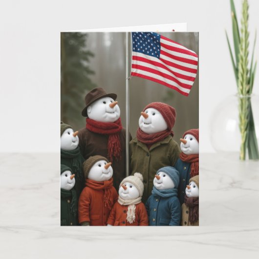 Christmas Patriotic Snow Family With American Flag カード (正面)