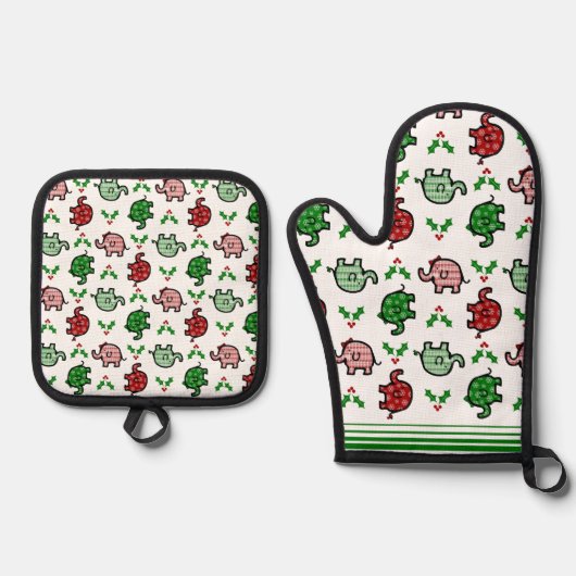 Christmas-Pattern Elephant Oven Mitt & Pot Holder 鍋つかみ&鍋敷きセット (正面)