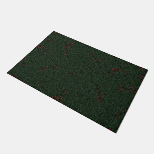 Christmas Pattern Pine Needles and Red Berries ドアマット (アングル)