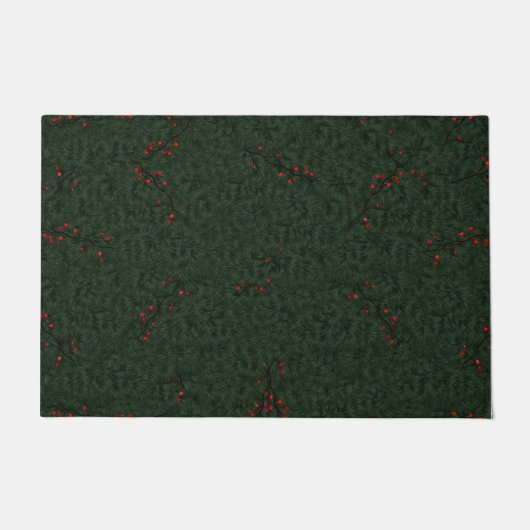 Christmas Pattern Pine Needles and Red Berries ドアマット (正面)