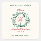 Christmas Peace on Earth Hand Drawn Wreath Name スクエアシール (正面)