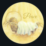 Christmas Peace Stickers Jesus in Manger ラウンドシール<br><div class="desc">ベビーイエスは上の光から休日のシールの上の彼の乳母に輝く。キリストの子どもとの平和のメッセージ彼の乳母は、このを広げること保の素晴らしい思い出であるシンプルが、季節のお祝いの重要な挨拶である。オリジナル水のカラーのアートワークとデザインAudrey Ascenzo ❤️.</div>