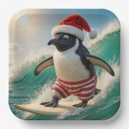 Christmas Penguin Surfing On an Ocean Wave ペーパープレート
