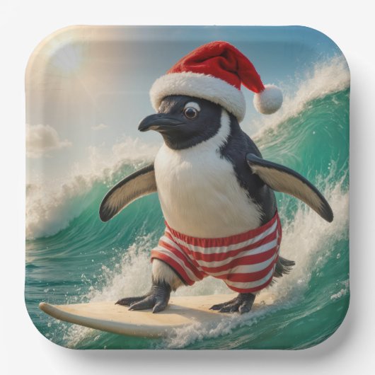Christmas Penguin Surfing On an Ocean Wave ペーパープレート (正面)