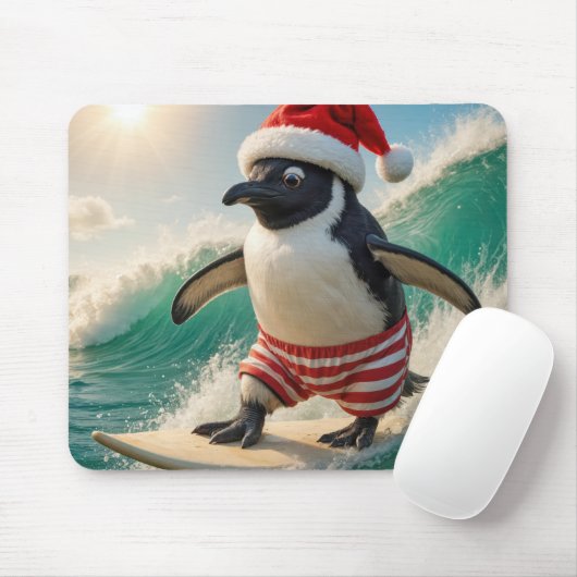 Christmas Penguin Surfing On an Ocean Wave マウスパッド (マウス)