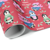 Christmas Penguins Crew Red Holiday Wrapping Paper ラッピングペーパー (ロールコーナー)