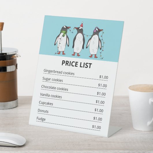 Christmas Penguins On Blue - クリスマスの価格表 台座サイン (インサイチュ)