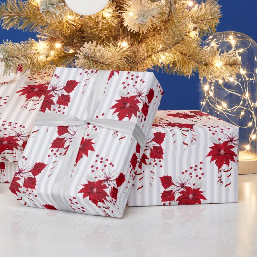 Christmas Peppermint | Candy Cane Poinsettia Holly ラッピングペーパー (クリスマス)