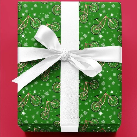 Christmas Peppermint Cycling Bike Snowflakes Green ラッピングペーパー