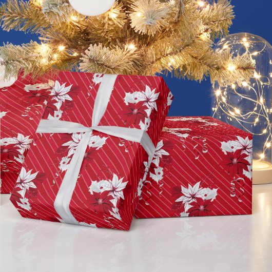 Christmas Peppermint | Poinsettia Stripe Pattern ラッピングペーパー (クリスマス)