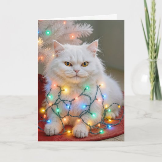 Christmas Persian Cat Tangled in Holiday Lights カード (正面)