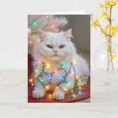 Christmas Persian Cat Tangled in Holiday Lights カード (黄色い花)