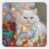 Christmas Persian Cat Tangled in Holiday Lights スクエアシール (正面)