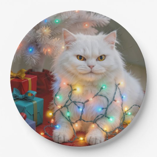 Christmas Persian Cat Tangled in Holiday Lights ペーパープレート (正面)