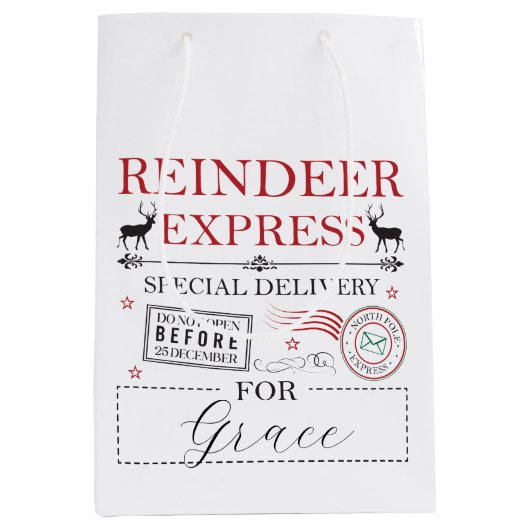Christmas Personalized Name North Pole Reindeer ミディアムペーパーバッグ (正面)