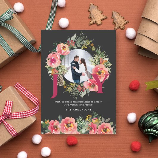 Christmas Photo Black Joy Floral Wreath Botanical  シーズンカード