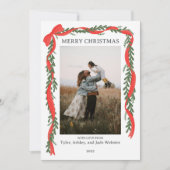 Christmas Photo Card - Classic Red Bow & Greenery シーズンカード (正面)