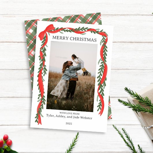 Christmas Photo Card - Classic Red Bow & Greenery シーズンカード