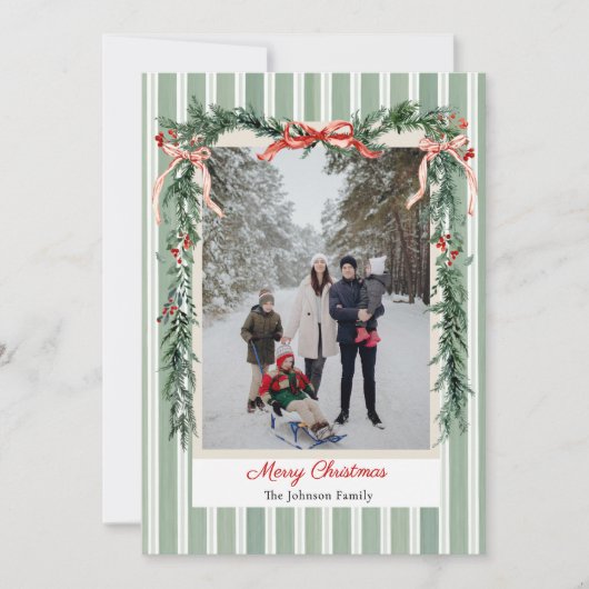 Christmas Photo Card Green Stripes Pine Garland シーズンカード (正面)
