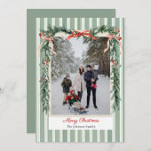 Christmas Photo Card Green Stripes Pine Garland シーズンカード (正面/裏面)