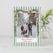 Christmas Photo Card Green Stripes Pine Garland シーズンカード (スタンド正面)