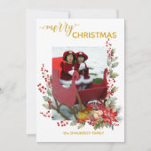 Christmas Photo Card Holly Berries & Pointsettias サンキューカード (正面)