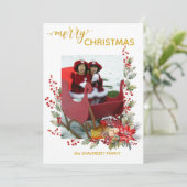 Christmas Photo Card Holly Berries & Pointsettias サンキューカード (スタンド正面)