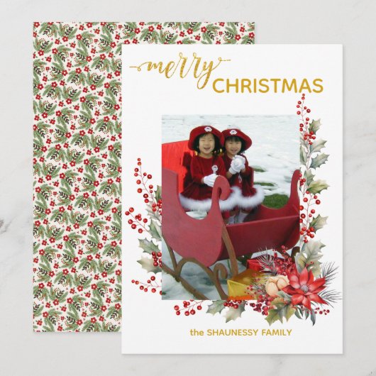 Christmas Photo Card Holly Berries & Pointsettias サンキューカード (正面/裏面)