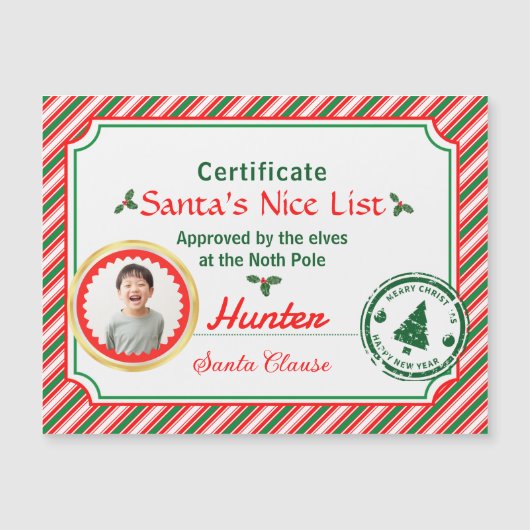 Christmas Photo Certificate Santa Nice List Magnet (正面)