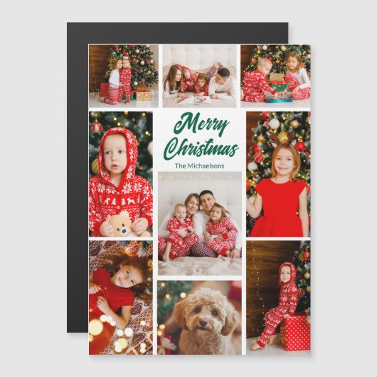 Christmas Photo Collage Green Script Magnet Card (正面/裏面)