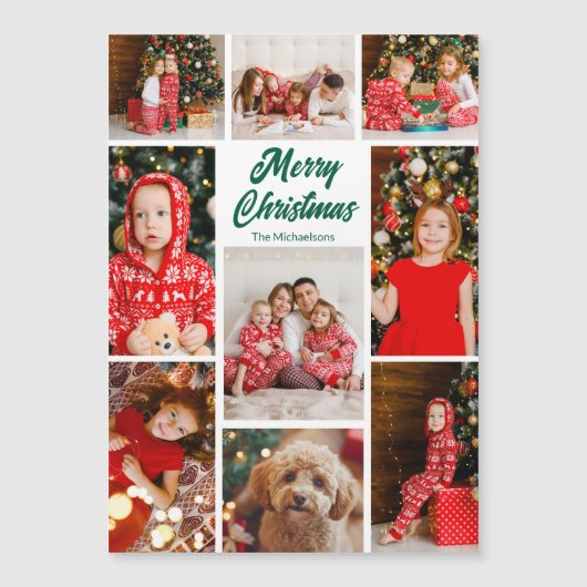 Christmas Photo Collage Green Script Magnet Card (正面)