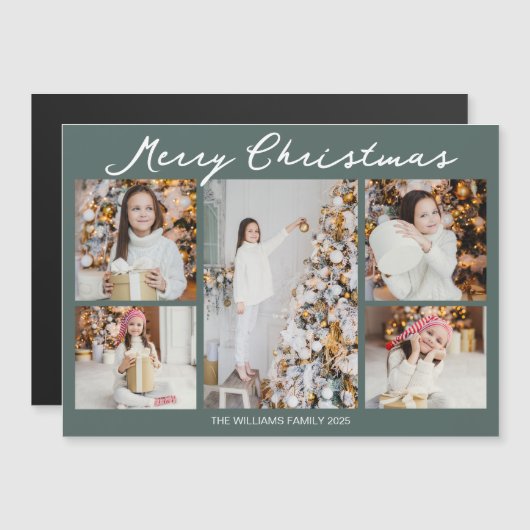 Christmas Photo Collage Grey Green Magnet Card (正面/裏面)