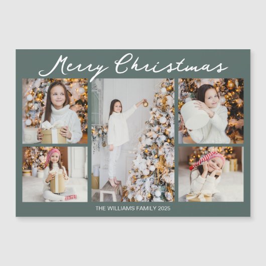 Christmas Photo Collage Grey Green Magnet Card (正面)