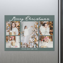 Christmas Photo Collage Grey Green Magnet Card