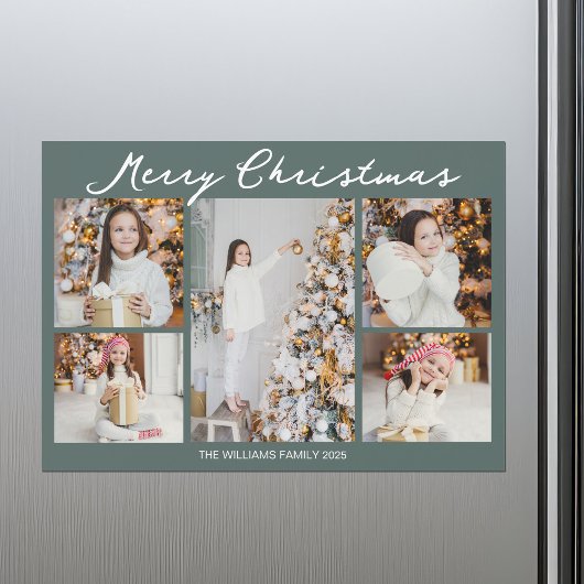 Christmas Photo Collage Grey Green Magnet Card