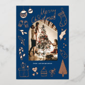 Christmas Photo Hand Drawn Blue Holiday Foil Card 箔シーズンカード (正面)