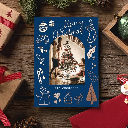 Christmas Photo Hand Drawn Blue Holiday Foil Card 箔シーズンカード