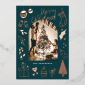 Christmas Photo Hand Drawn Green Holiday Foil Card 箔シーズンカード (正面)