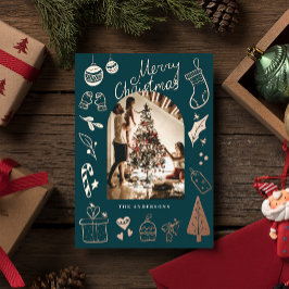 Christmas Photo Hand Drawn Green Holiday Foil Card 箔シーズンカード