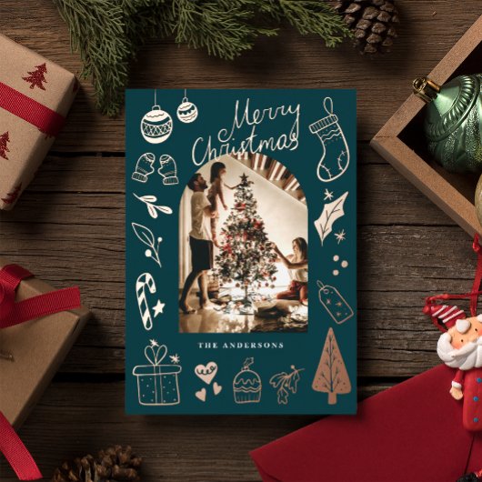 Christmas Photo Hand Drawn Green Holiday Foil Card 箔シーズンカード