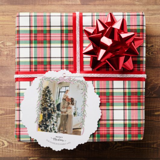 Christmas Photo Pink Bow Coquette Garland Holiday  オーナメントカード (インサイチュ (ギフト))