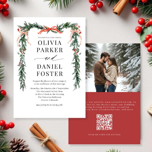 Christmas Photo QR Code Watercolor Red Bow Wedding 招待状