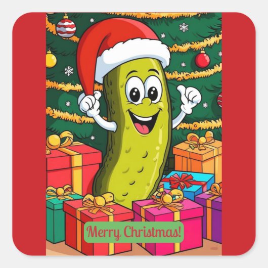 Christmas Pickle Cartoon Character Presents スクエアシール (正面)