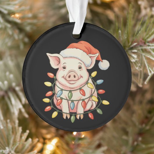 Christmas Pig Xmas Lights Santa Hay Holiday Season オーナメント (ツリー)