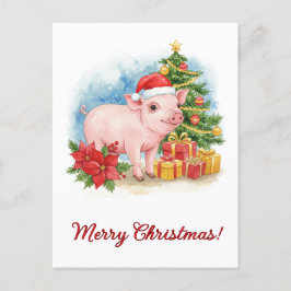 Christmas Piglet Postcard Holiday Watercolor Art ポストカード